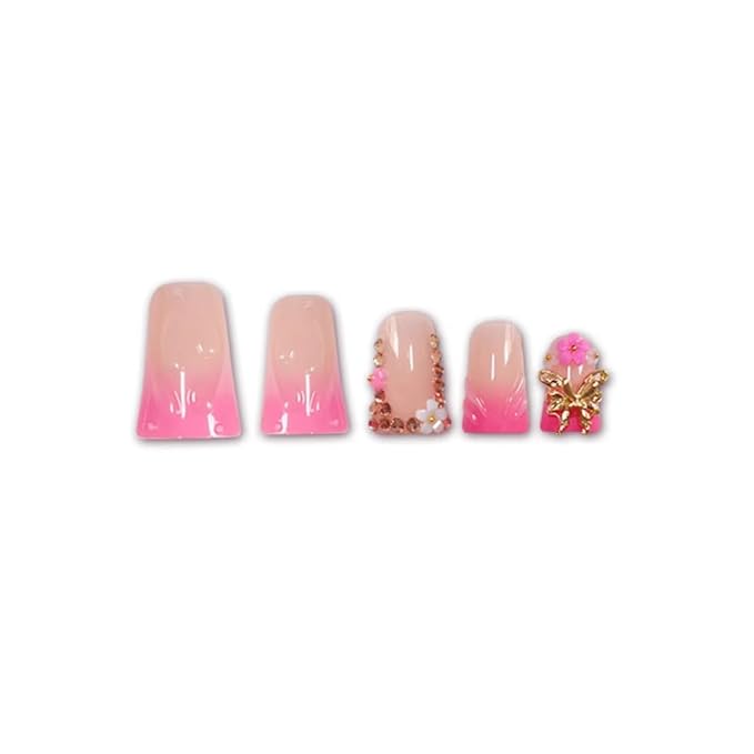 Pink Nail Press ons Ombre French Tip Fake Nails Flower False Nails with Butterfly Design Glossy Duck Glue on Nails Reusable Artificial Acrylic Full Cover Stick on Nails for Women Manicure 24Pcs