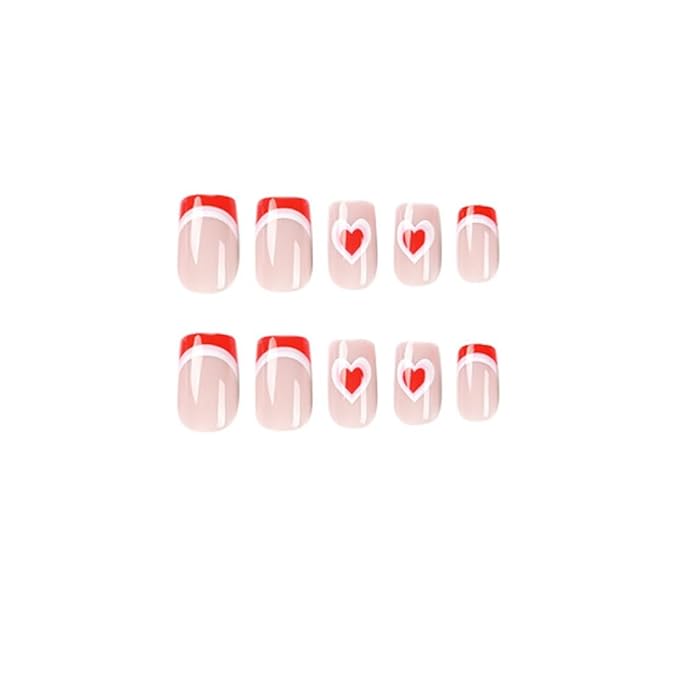 Square Press on Nails Medium - Pink French Tip with Heart Design - Gloosy Full Cover Stick on False Nails - for Women 24 Pcs