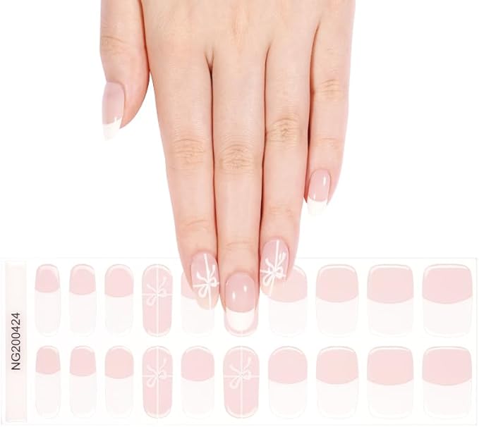 20pcs Christmas Semi Cured Gel Nail Strips - Salon-Grade DIY Wraps with Glaze Texture, Easy Application, UV Light Required for Festive Nails(Pink Toned Bow Accented French Nail)