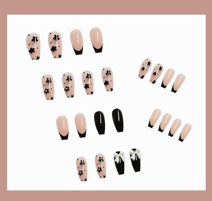 designer artifical nails extension light pink & black combo with silver pearls 3D bow fake nails design 24 pieces set with glue sheet convinent than manicure