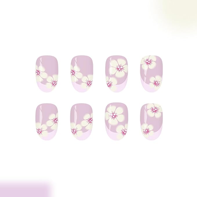 Purple French Tip Press on Nails - Short Fake Nails Almond Nails Press ons with Flower Design, Glossy Acrylic Nails Full Cover Artificial Glue on Nails for Women Manicure 24Pcs