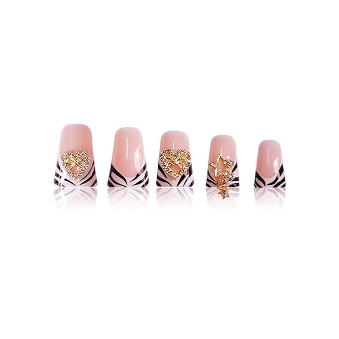 Black White Nail Press ons French Tip Fake Nails Heart Star with Design Duck Glue on Nails Stripe False Nails Glossy Reusable Artificial Acrylic Full Cover Stick on Nails for Women Manicure 24Pcs