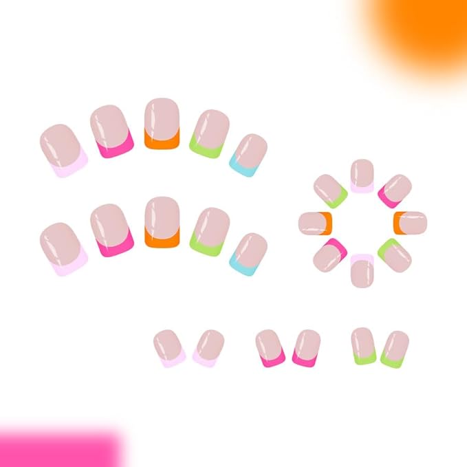French Tip Press on Nails Short Square Fake Nails Colorful Nail Tips Glossy Cute Acrylic False Nails Reusable Artificial Nail Full Cover Stick on Nails for Women Manicure 24 Pcs