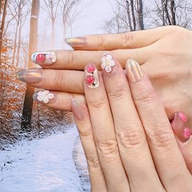 10Pcs Short Oval Handmade Press On Nails | Iridescent Pink with 3D Strawberry & Floral Decor | Easy to Apply, Remove & Reusable, Salon-Quality (A008, XS)