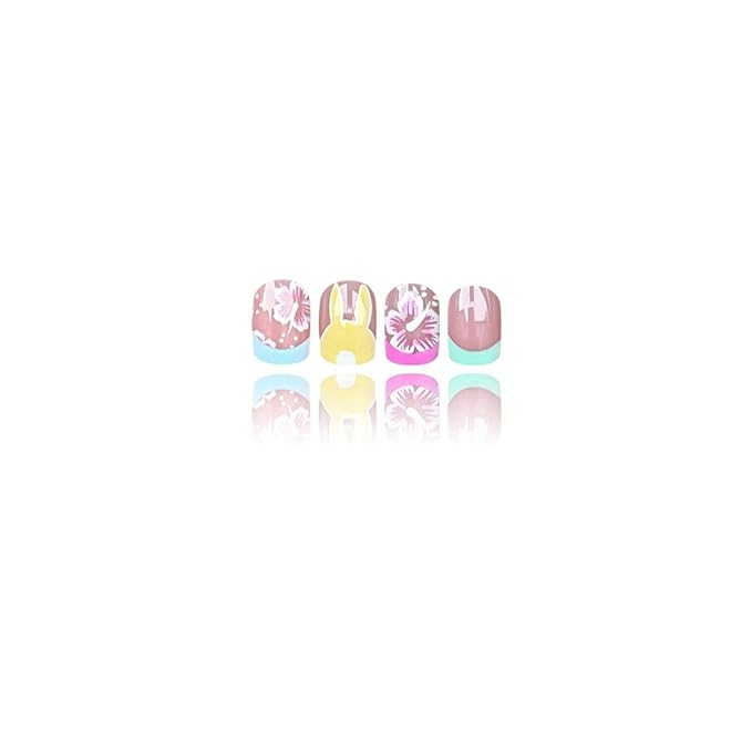 Easter Press on Nails Colorful French Tip Fake Nails with Designs Cute Yellow Bunny False Nail Glossy Full Cover Short Square Stick on Nails Easter Acrylic Nail for Women DIY Manicuare 24 Pcs