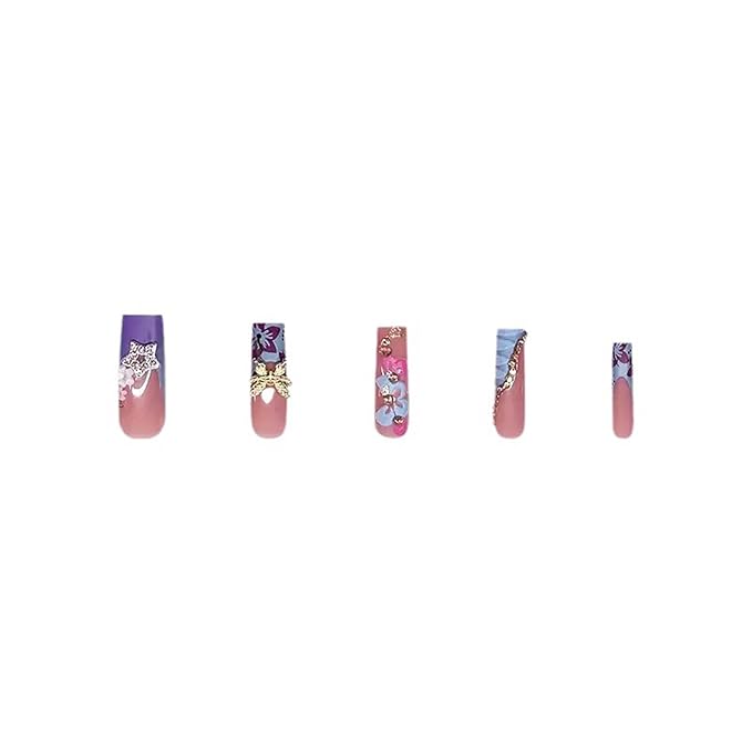RTKHFZE Press on Nails Long Square Fake Nails Blue French Tip Glue on Nails with 3D Flower and Butterfly Designs Acrylic False Nails Glossy Full Cover Stick on Nail for Women Manicure