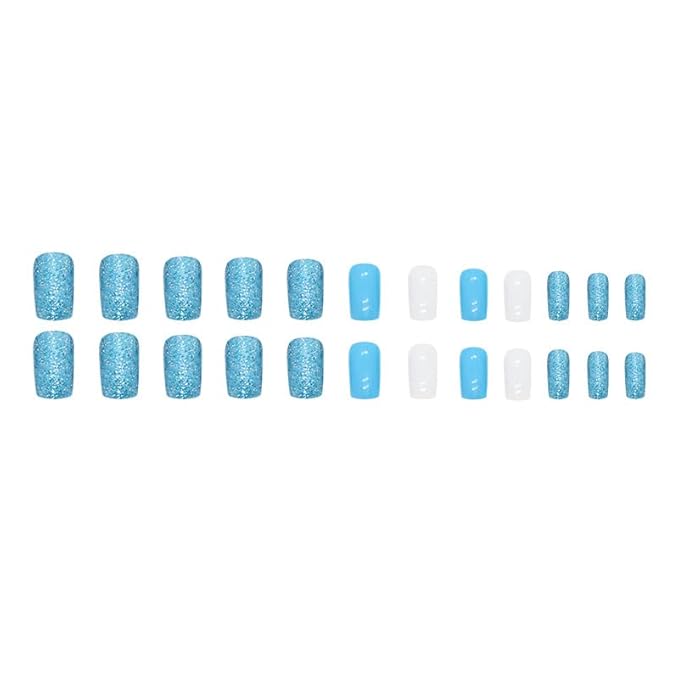 Blue Press on Nails Medium Square Fake Nails Glitter Nails Press ons with Design Reusable Artificial Nail Glossy Full Cover Glue on Nail Stick on Nails for Women Manicure 24Pcs