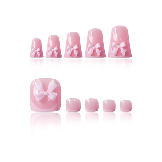 48Pcs Duck Shaped Press on Nails Short & Press on Toenails Set, Pink Bow Fake Nails French Press on Toe Nails Full Cover Stick on Toe Nails Wide Duckbill Acrylic Nails Kit for Women Manicure