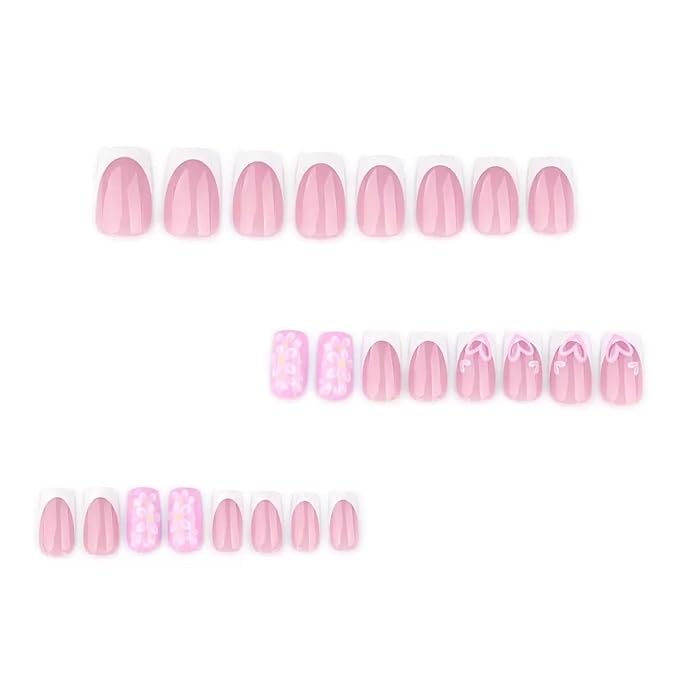 Press on Nails Square - Medium Fake Nails with Flower Heart Design - White French Tip False Nails Press ons - for Women 24 Pcs