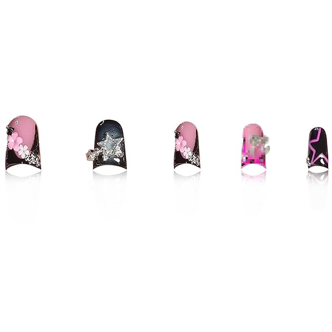 Black Press on Nails Duck Fake Nails with Star Design French Tip Nail Press ons Glossy Stick on Nails Reusable Artificial Acrylic Full Cover Short Nail press ons for Women Manicure 24Pcs