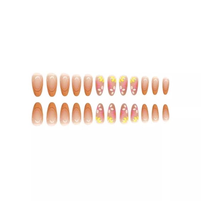48Pcs Flower Press on Toenails Medium Almond Press on Nails Orange French Tip Fake Nails with Curve Design Glossy Summer False Nails Cute Reusable Daisy Stick on Toenails for Women Girls Manicure
