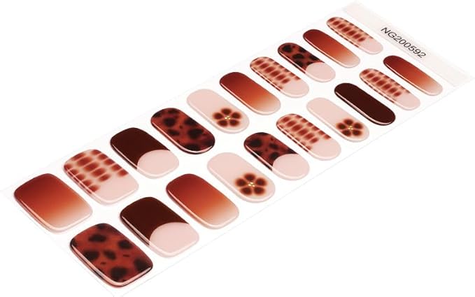 Semi Cured Gel Nail Strips 20 Pcs Brown Flower French Gel Nail Wraps, Stickers, UV Light Required Nail Art Design Decoration Accessories