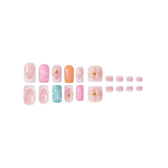 48Pcs Press on Nails Square & Press on Toenails Set, Flowers Fake Nails French Press on Toe Nails Full Cover Stick on Toe Nails Short Acrylic Nails Kit for Women Manicure