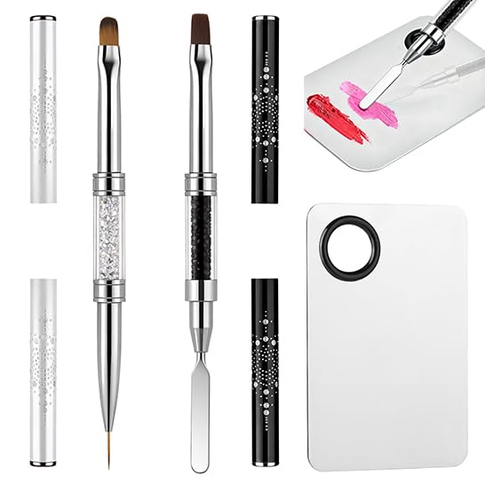 Double Ended Nail Builder Gel Brush and Palette Set,French Tip Brushes Hard Gel,Flat/Oval Nail Brushes,Liner Brush & Spatula,Nail Design Tools for Salon & DIY Use（3PCS）