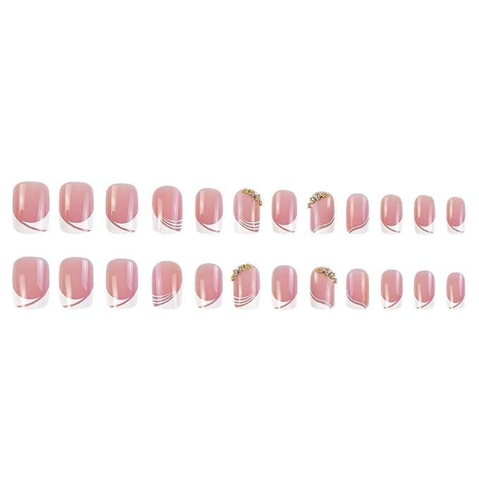 White French Tip Press on Nails - Short Square Fake Nails - Pink False Nails with Rhinestone Stick on - for Women 24 Pcs