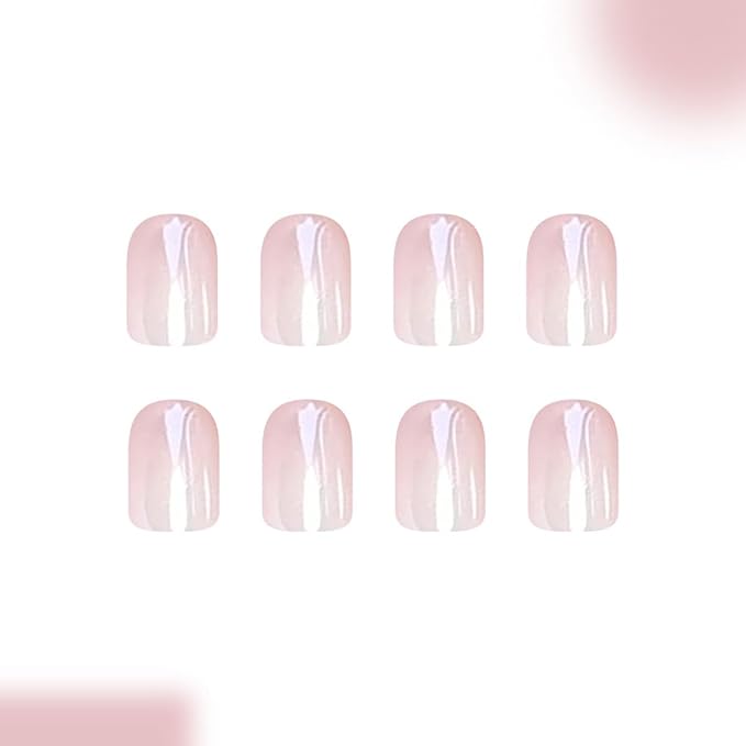 Ombre Glazed Press on Nails Short Square Fake Nails White Chrome Nails Press ons with Design Full Cover Glue on Nail Stick on Nails for Women Manicure,Glossy | Reusable | Glue Tab | Easy Apply | 24Pcs