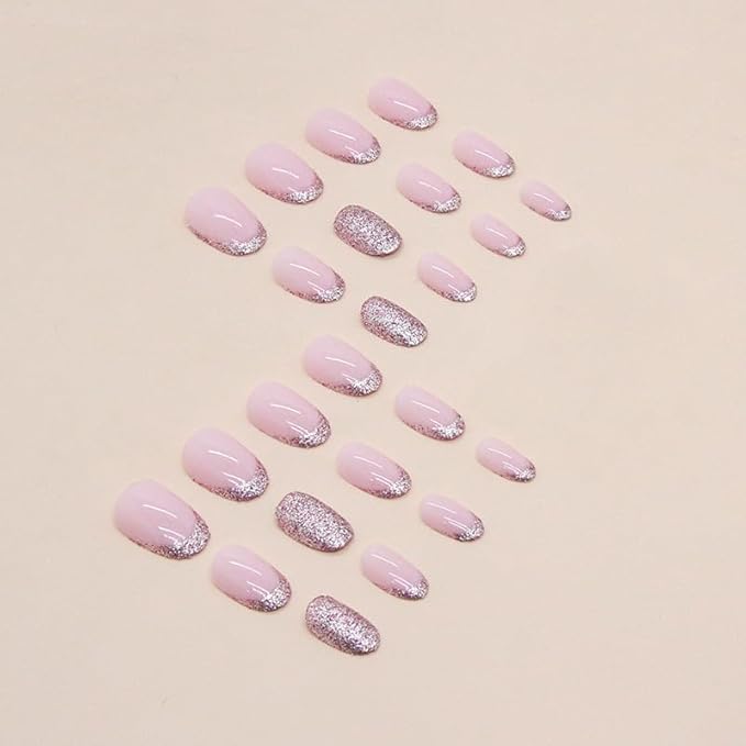Pink Glitter French Press on Nails Short Almond fake Nails Pink false Nails Full Cover Glitter French Glossy Reusable Artificial Acrylic Nails for Women and Girls DIY Manicure Decoration 24Pcs