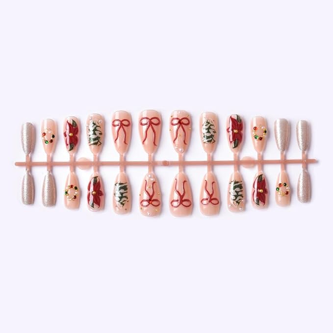 Christmas Press on Nails Medium Almond Fake Nails Christmas Tree Rhinestone False Nails 3D Bow Flowers Glitter Designs Full Cover Stick on Nails Winter Xmas Acrylic Nail for Women Manicure