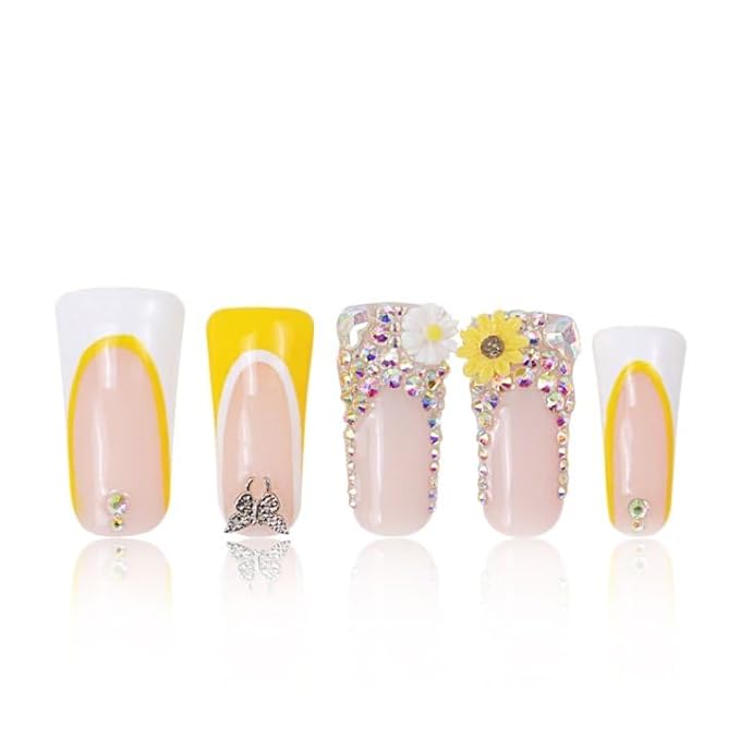 LOVFUL Press on Nails Sunflower | Handmade with Full Covered Crystals | Reusable Fake Nails | Duck Classic Regular 1.3 in | H143-L