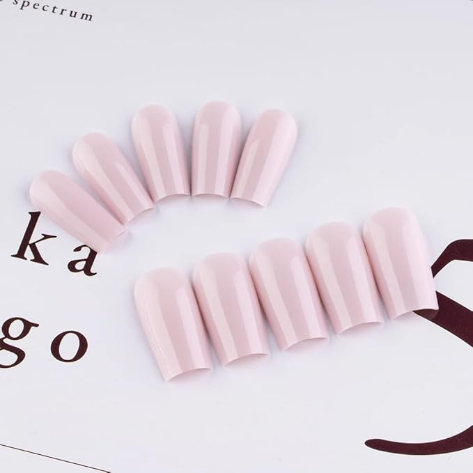 KQueenest Pastel Pink Press on Nails Long Medium Square, Dusty Pink Fake Nails Medium Coffin, Glossy Sheer Color Acrylic Nails Press ons, Reusable Soft Gel Glue on Nails for Women Summer