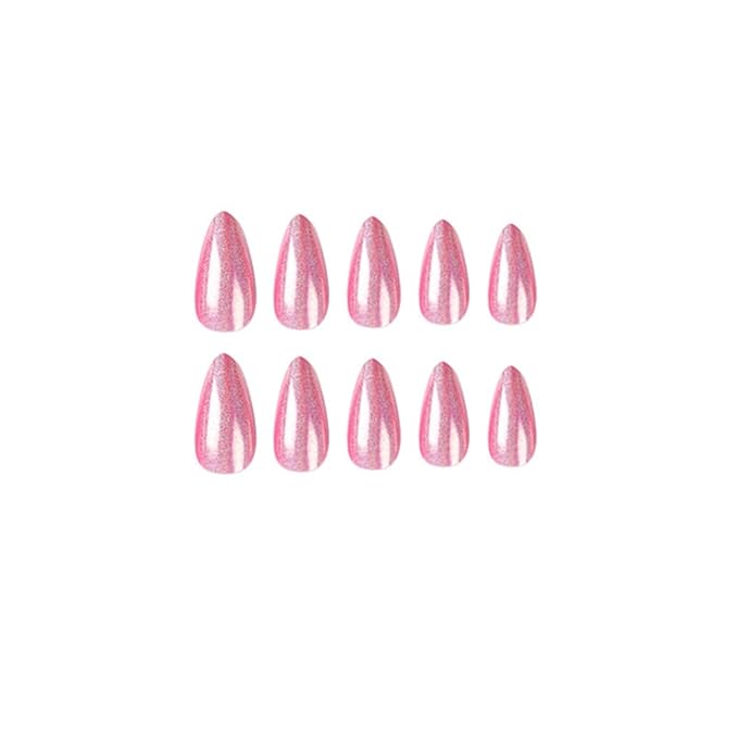Press on Nails Almond - Medium Fake Nails with Chrome Colorful Design - Pink False Nails Press ons - for Women 24 Pcs