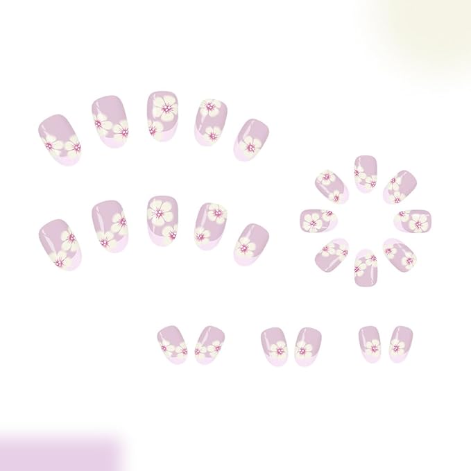 Purple French Tip Press on Nails - Short Fake Nails Almond Nails Press ons with Flower Design, Glossy Acrylic Nails Full Cover Artificial Glue on Nails for Women Manicure 24Pcs