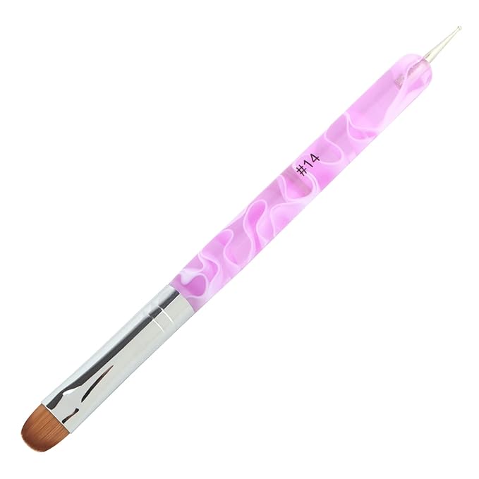 French Manicure Brush -Two Way Nail Art Brush with Dotting Manicure Tool for Manicure Cuticle Clean Up Nail Art Design- Professional Nail Salon Quality Brush, Nail Dotting Pen (14#, Pink)