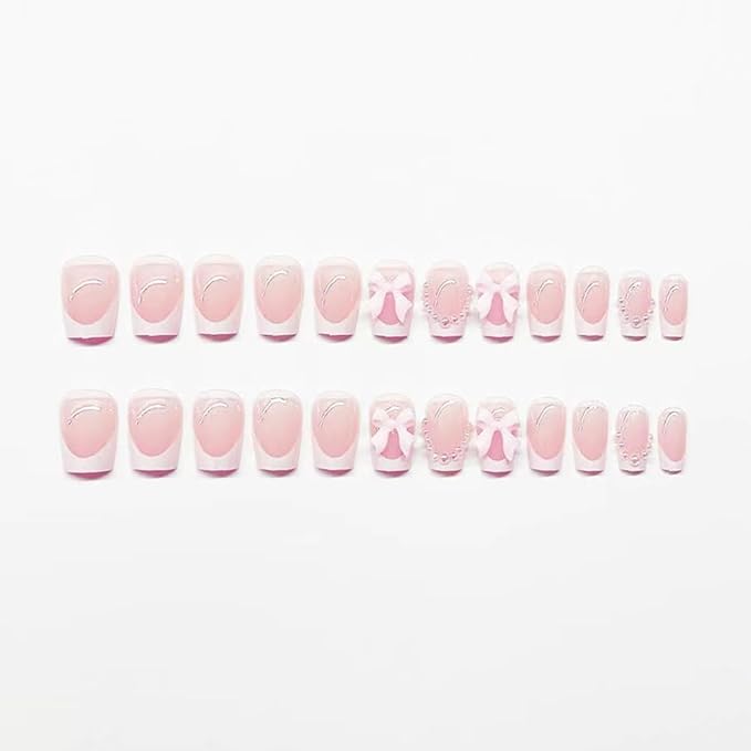 Short Press On Square Fake Nails - White French Tip, Pearl Bow Charms Design - Glue On, Glossy Full Cover Stick On Nails - 24 Pcs