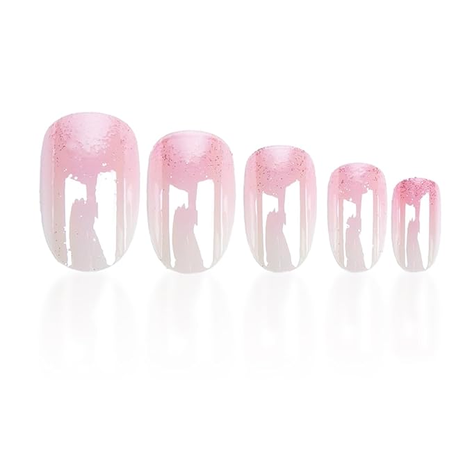 Short Press on Nails - Oval Fake Nails Ligth Pink Ombre Nails Press ons with Ombre Chrome Design, Glossy Acrylic Nails Full Cover Artificial Glue on Nails for Women Manicure 24Pcs