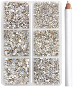 Beadsland 7200pcs Flatback Rhinestones,Transparent Rhinestone Nail Gems Round Crystal Rhinestones for Crafts,Mixed 6 Sizes with Wax Pencil Kit, SS3-SS10,Transparent AB