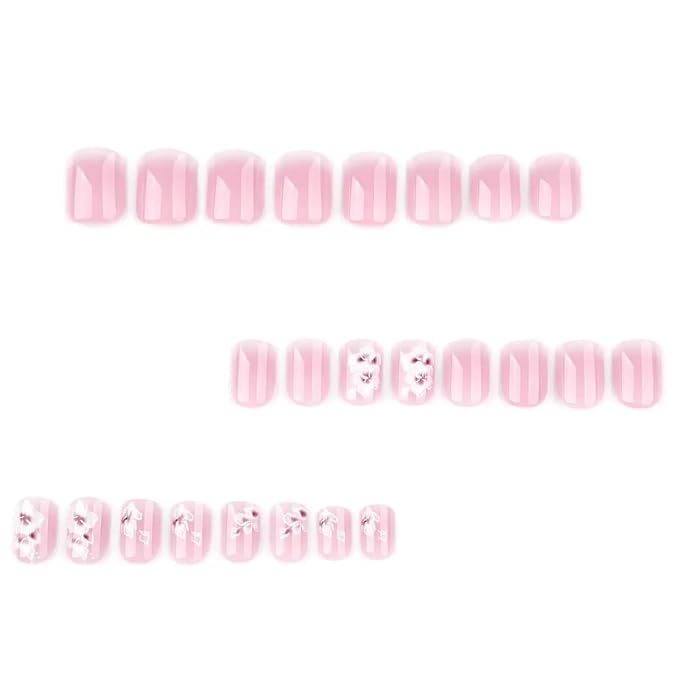 Short Square Press on Nails - Ombre Pink Fake Nails with Flower Design - Spring False Nails Press ons - for Women Manicure 24 Pcs