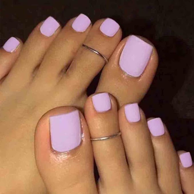 Solid Square Fake Toenails Matte Press on Toenails Purple Short Acrylic False Toes Nails Artificial Beach Summer Full Cover Toenail for Women 24 Pcs (Light Purple)