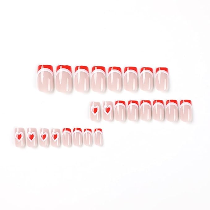 Square Press on Nails Medium - Pink French Tip with Heart Design - Gloosy Full Cover Stick on False Nails - for Women 24 Pcs