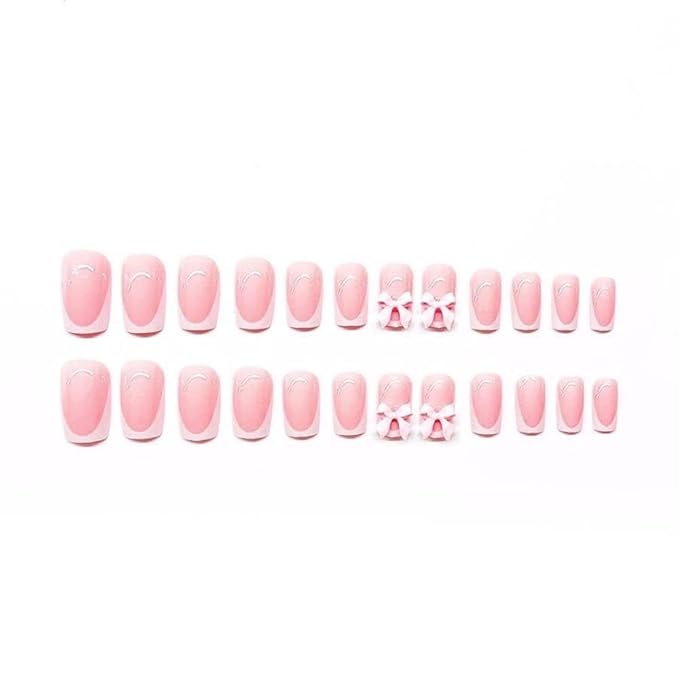 48Pcs White French Tips Press on Toenails Medium Square Press on Nails with 3D Pink Bow Design Short Square Fake Toenails Glossy Skintones Fake Nails Summer False Toenails Kit for Women Girls Manicure