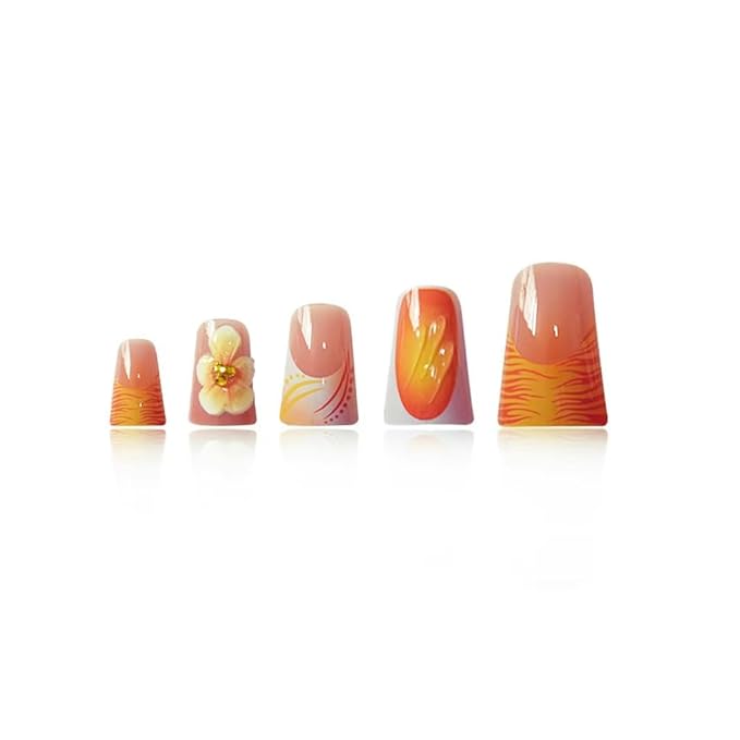 Orange Press on Nails Flower Fake Nails Glossy False Nails with Design French Tip Glue on Nails Reusable Artificial Acrylic Full Cover Duck Stick on Nails for Women Girls Manicure 24Pcs