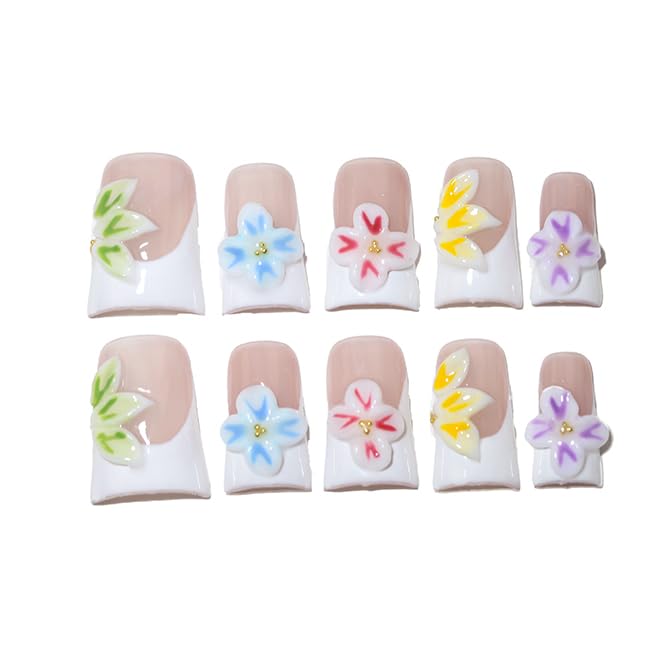 10Pcs Duck-shaped Handmade Press On Nails | French Style with 3D Floral & Rhinestone Decor | Easy to Apply, Remove & Reusable, Salon - Quality (25102, M)