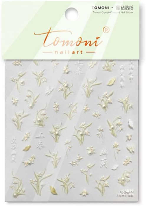 Floral Butterfly Nail Art Stickers, Green and White Designs, Delicate Orchid Chinese Characters Nails Decal