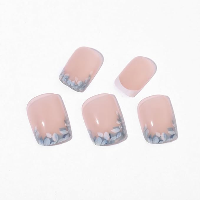 Press on Nails Square Short Spring Fake Nails Press ons Flower French Nail Art Tips Artificial Acrylic Kit Full Cover Pink False Nails with Glossy Design Stick on Nails for Women 24Pcs