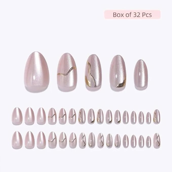 Press On Nails - Glow | Champagne Cat Eye 3D Gold Design, UV Finish Almond Nails, Salon Quality | 32 Nails, 16 Sizes Kit with Glue and Adhesive Tabs I Female Founded - Beauty, Self Care