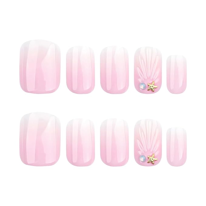 24pcs French Press on Nails Short Square Pink White Gradient With Charms Designs Glossy Glue on Cute False Full Cover Artificial for Women Girl Decoration