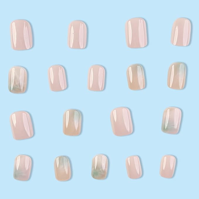 Square Press on Nails Short Fake Nails Press ons with Marble Texture Design Reusable Artificial Nail Full Cover Glossy Glue on Nail Stick on Nails for Women Manicure 24Pcs