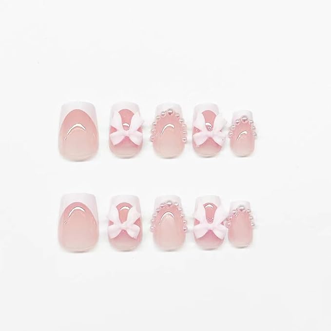 Short Press On Square Fake Nails - White French Tip, Pearl Bow Charms Design - Glue On, Glossy Full Cover Stick On Nails - 24 Pcs