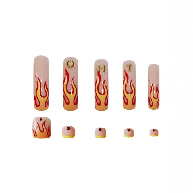 48Pcs Curved Press on Nails Orange Red Flame Press on Toenails Long Fake Nails with 5D Letters Charm Design Glossy Rhinestones Fake Toenails Glossy Full Cover Nails Press on Set for Women Manicure