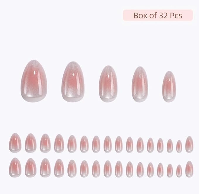 Press On Nails - Halo | White and Pink Cat Eye, UV Finish Medium Almond Nails, Salon Quality | 32 Nails, 16 Sizes Kit with Glue and Adhesive Tabs I Female Founded