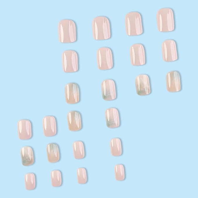 Square Press on Nails Short Fake Nails Press ons with Marble Texture Design Reusable Artificial Nail Full Cover Glossy Glue on Nail Stick on Nails for Women Manicure 24Pcs