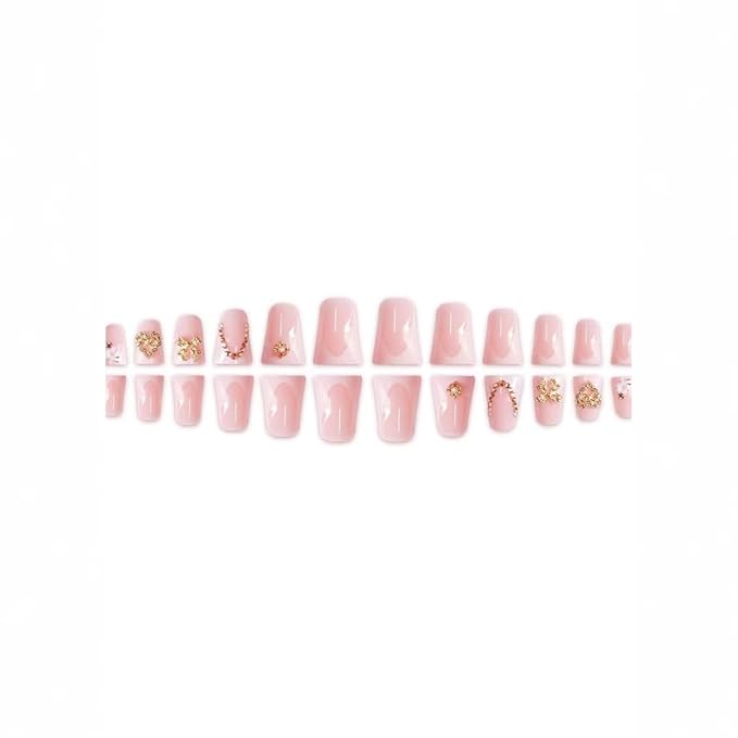 White Press on Nails French Tip Fake Nails Duck False Nail with Charms Design Bow Heart Glue on Nails Glossy Full Cover Artificial Acrylic Nude Stick on Nail for Women Girls Manicure 24Pcs