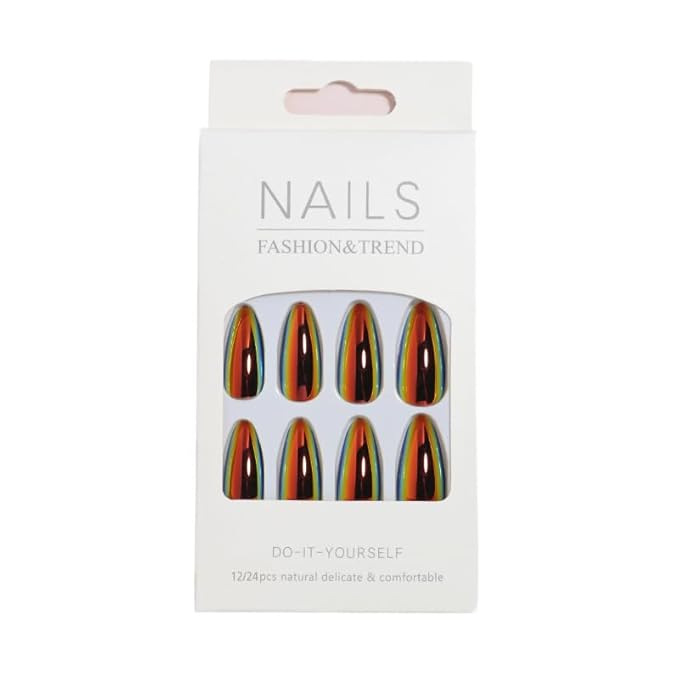 Chrome Fake Nails Almond Press on Nails Metal Mirror False Nails Press ons Glossy Gradient Acrylic Nails Medium Full Cover Holographic Glue Stick on Nail for Women Girls Manicure 24Pcs