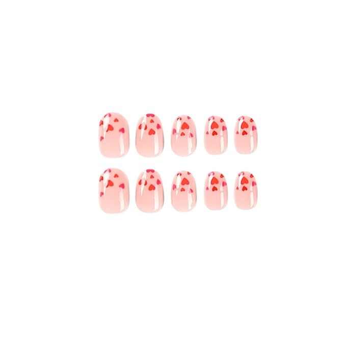 Press on Nails Almond - Medium Fake Nails with Red Heart Desgin - Glossy, Full Cover Stick on False Nails for Women - 24 Pcs