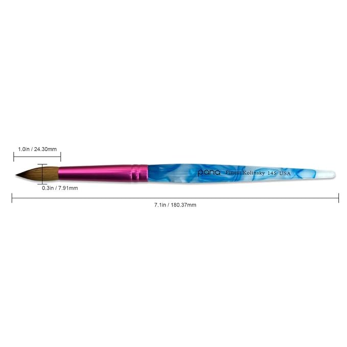 PANA Pure Kolinsky Hair Acrylic Nail Brush - Round Shape Pink Ferrule with White Swirl Blue Handle (Size 14)