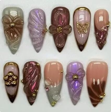 Handmade 3D French Art Press On Nails for Women - Reusable Medium Almond False Nails, 10PCS ABS Artificial Fingernails with Nail Tip Design for Salon & Home Use （Size L）